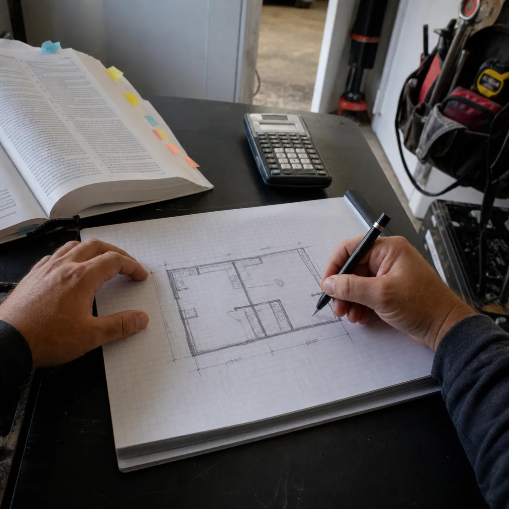 Professional hands sketching an ADU floor plan on graph paper