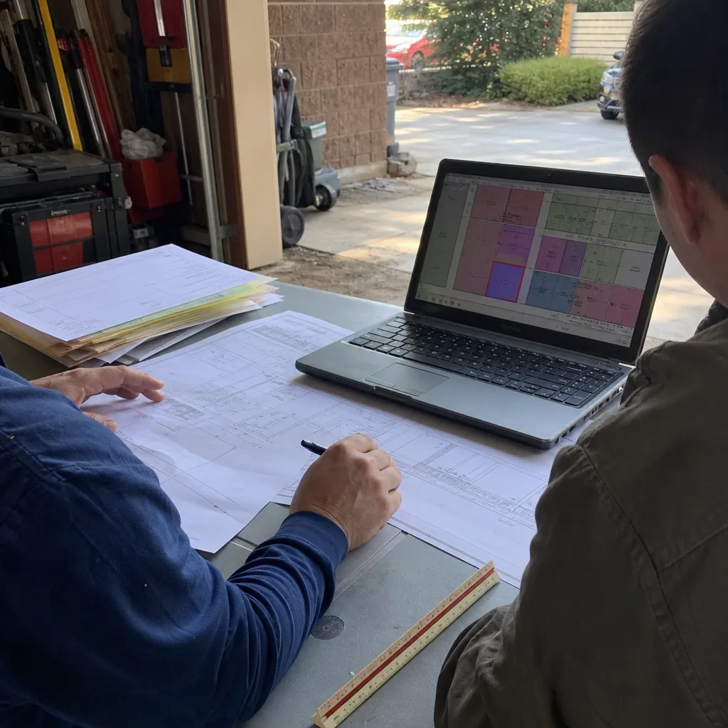 Professionals reviewing ADU design blueprints and permitting documents on a laptop