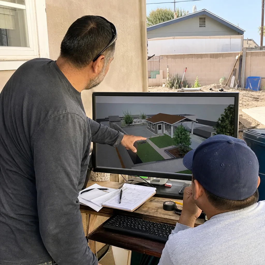 Contractor and designer reviewing ADU architectural design plans on a computer