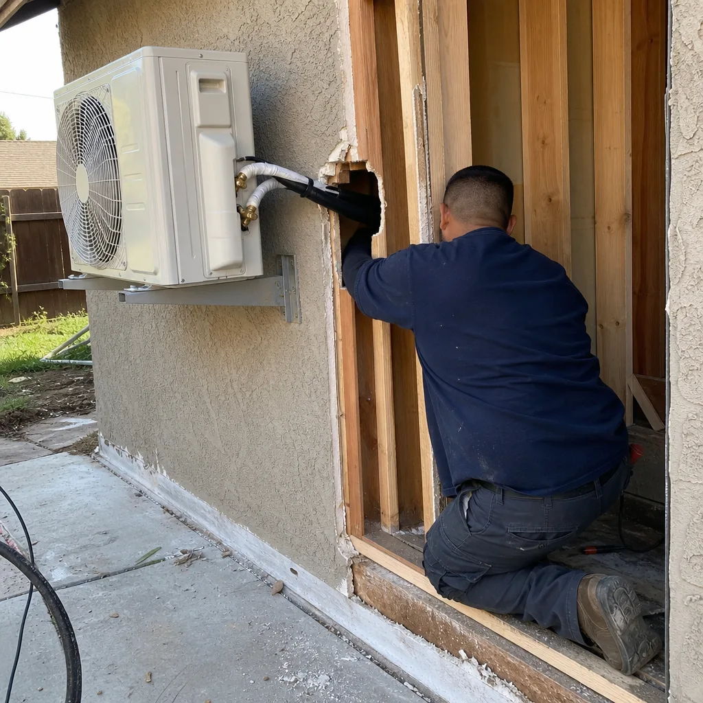 Contractor installing mini-split HVAC system during a residential garage conversion project