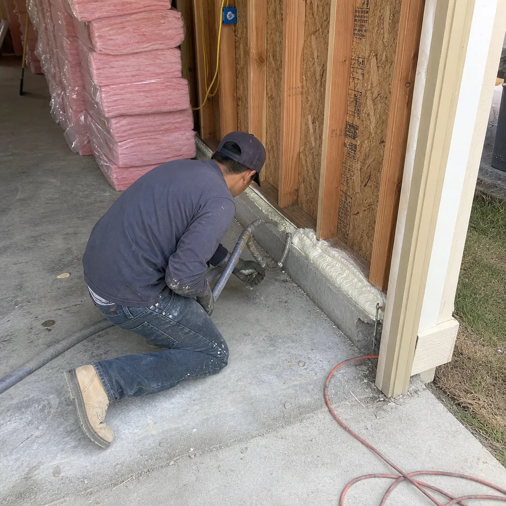 Professional applying spray foam insulation for a garage conversion ADU project