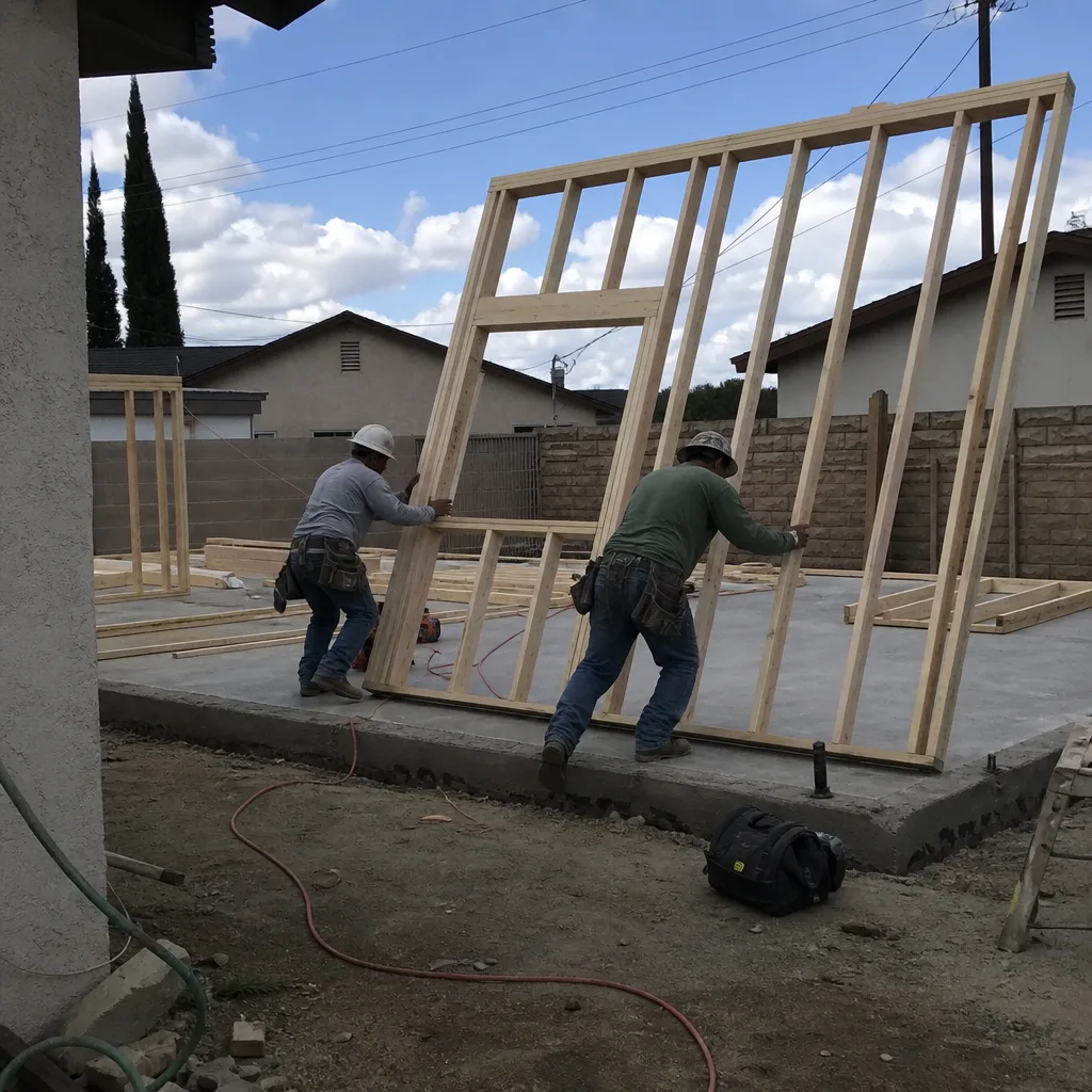 Construction workers installing framing for a new detached accessory dwelling unit